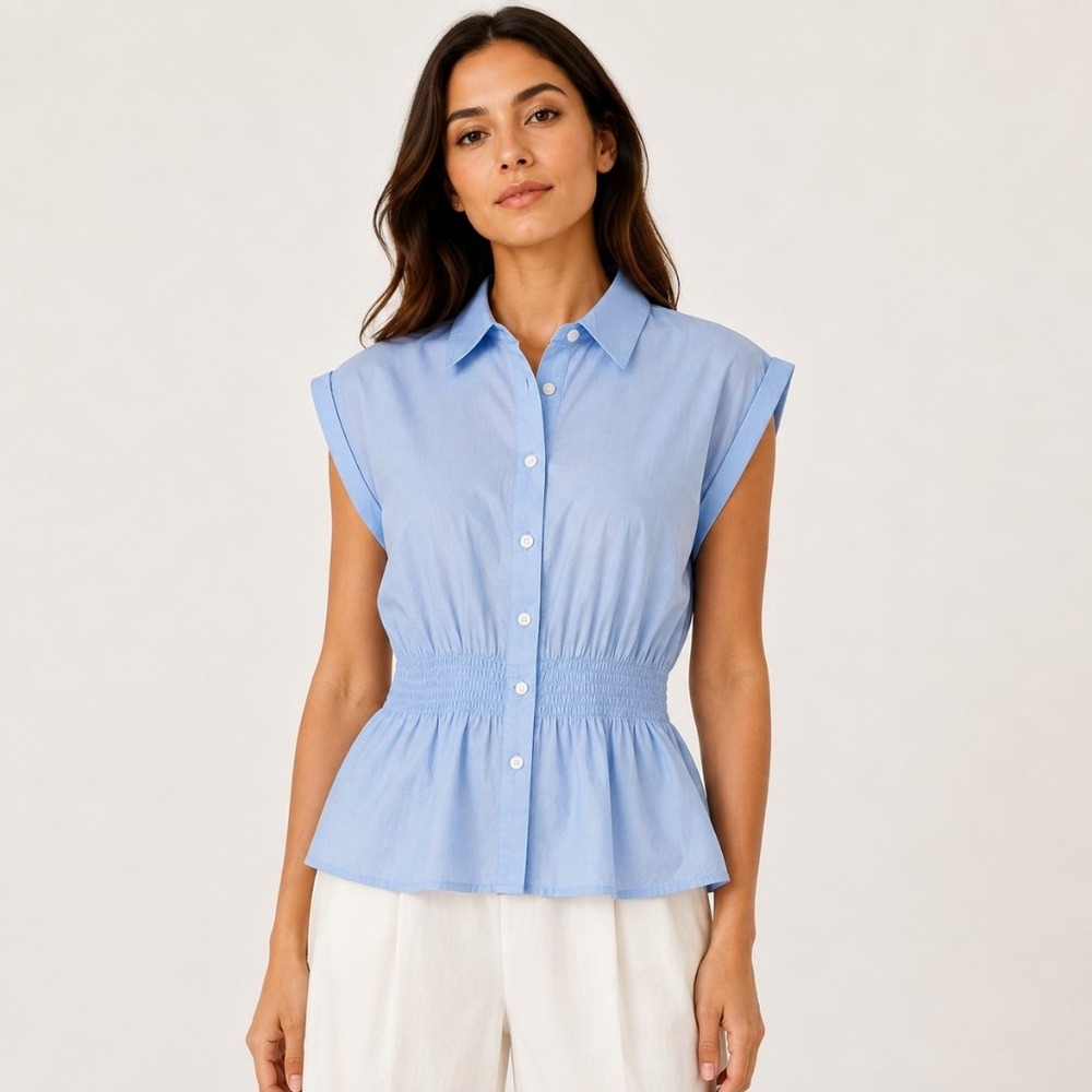 LOFT Peplum Top Women Small Petite Blue Smocked Waist Sleeveless 769091